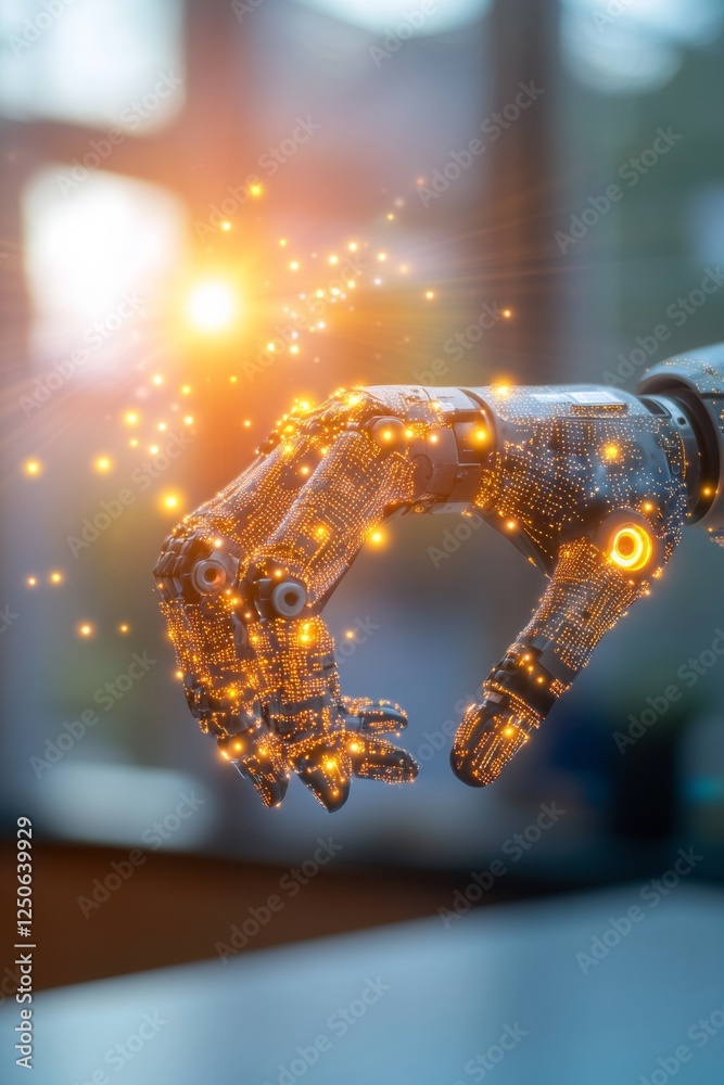 Aufkleber Futuristic Robotic Hand with Holographic Interface - Industrial Automation in High-Tech Alloy, Enhancing Manufacturing Efficiency for Industry 4.0 and Digital Transformation