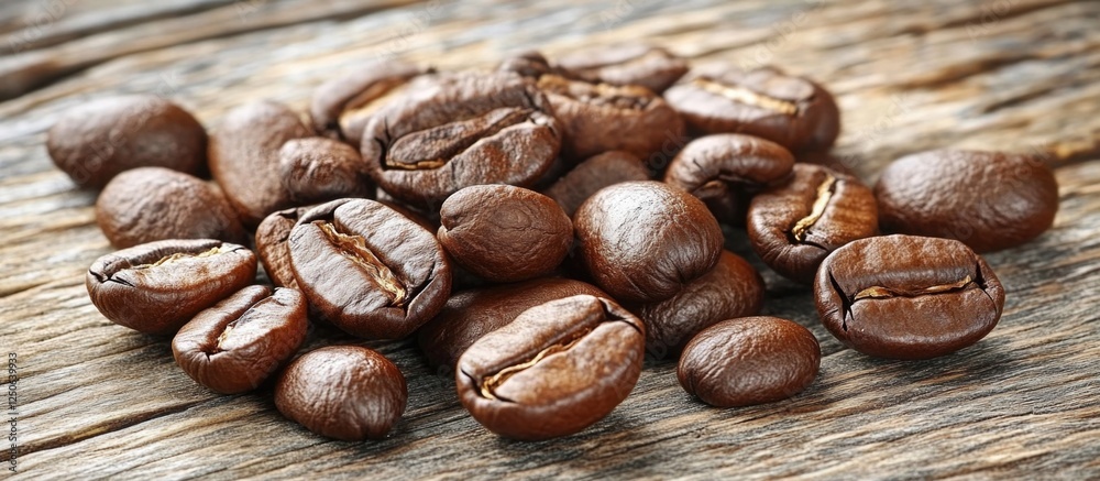 Poster Roasted coffee beans arranged on a rustic wooden surface creating a warm and inviting composition for beverage and culinary themes.