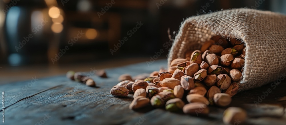 Poster roasted salted pistachios spilling from a burlap sack on a rustic wooden table with a cozy backgroun