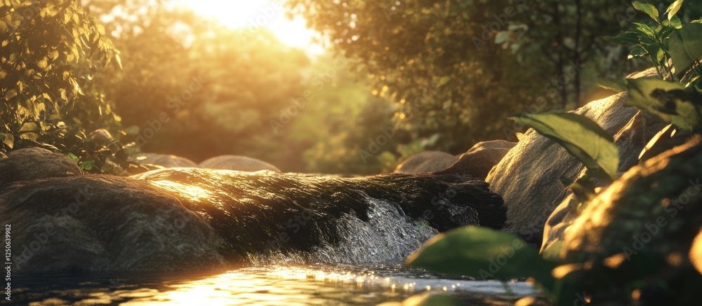 Poster Serene river landscape with sunlight filtering through trees highlighting rocks and gentle water flow in a tranquil natural setting
