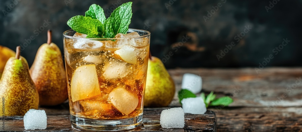 Poster ripe pear cocktail with ice mint garnish on wooden background with empty space for text perfect for 