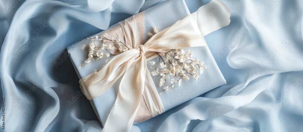 Poster elegant gift box adorned with floral embellishments on a soft blue fabric background creating a roma