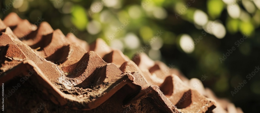Poster rustic terracotta roof tile with blurred greenery in the background showcasing texture and natural b