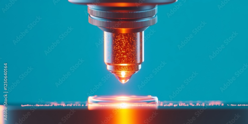 Poster Futuristic Laboratory Microscope Digital Analysis with Glass Slides and Specimens - High-Tech Research Setup for Precision Science Documentation in Biotechnology and Medical Labs