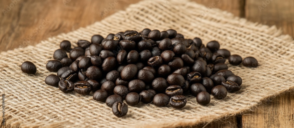 Poster roasted peaberry coffee beans scattered on burlap background showcasing rich texture and color for c