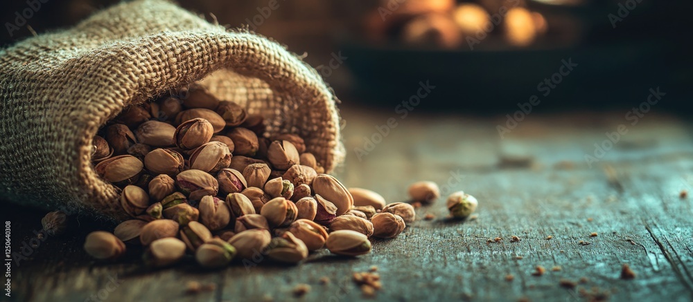 Poster roasted salted pistachios spilling from burlap sack on rustic wooden table background showcasing nut