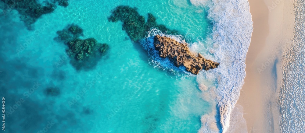 Poster aerial view of pristine turquoise ocean water and sandy beach with rocky formation in the center cre