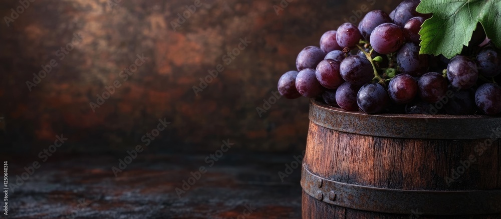 Aufkleber Ripe grapes in a rustic wooden barrel against a textured background with space for text or branding elements