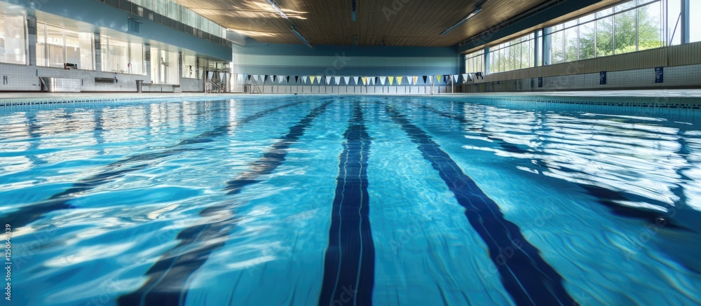 Aufkleber Sunlight reflections creating ripples on a serene swimming pool water surface with visible lane markings and spacious indoor environment.