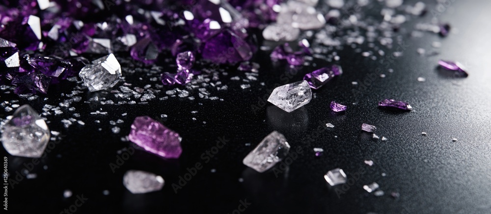 Poster scattered purple and clear crystals on a sleek black surface creating a luxurious and vibrant backdr