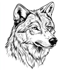 Fototapeta premium Detailed illustration of a wolf's head in black and white, showcasing its fierce gaze.