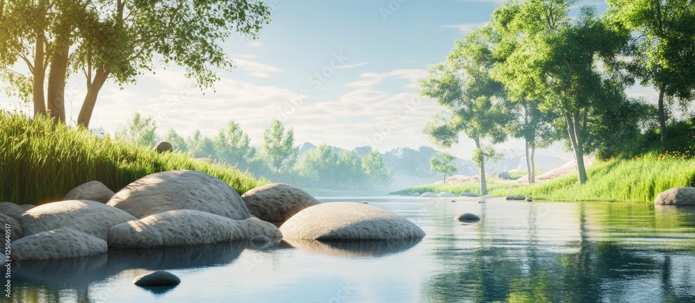 Poster serene riverside landscape with smooth rocks and gentle water surrounded by lush greenery and soft s