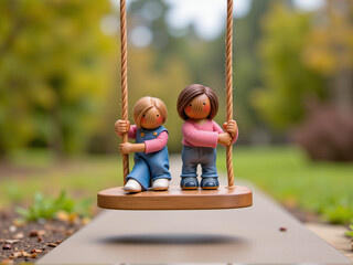 Two charming wooden figurines of girls swinging on a handcrafted swing, set against a vibrant, nature-filled background.
