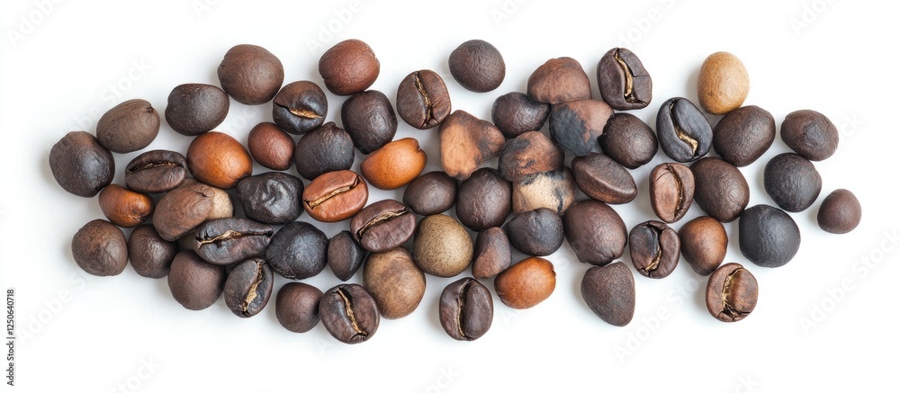 Poster diverse assortment of roasted coffee beans in various shades of brown on a clean white background sh