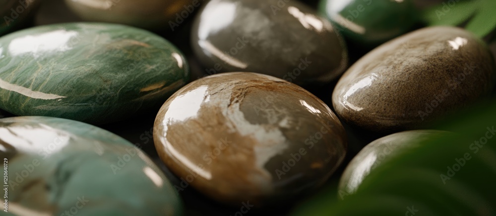 Aufkleber Smooth river stones with natural patterns and colors arranged on a surface surrounded by greenery for a serene, tranquil atmosphere.