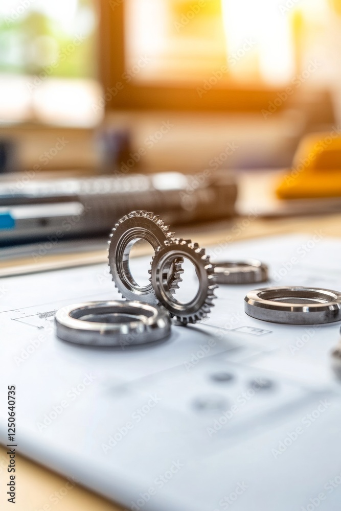 Poster industrial chic technical workspace precision metal components on drafting blueprint - modern engine