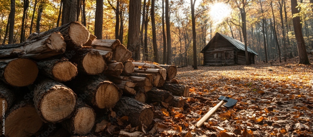 Poster autumn forest scene with stacked scrap lumber ready for firewood beside a rustic cabin in warm golde