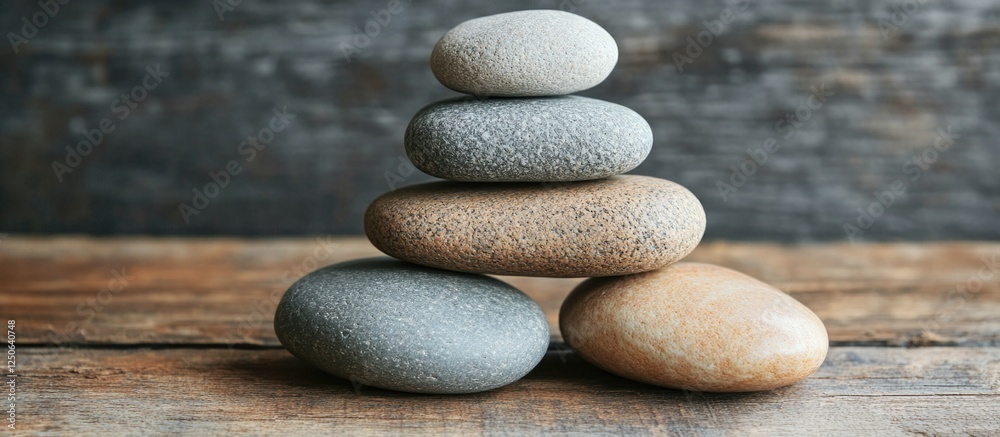 Aufkleber Stacked smooth stones arranged on a rustic wooden table creating a serene and calming natural composition for wellness themes.