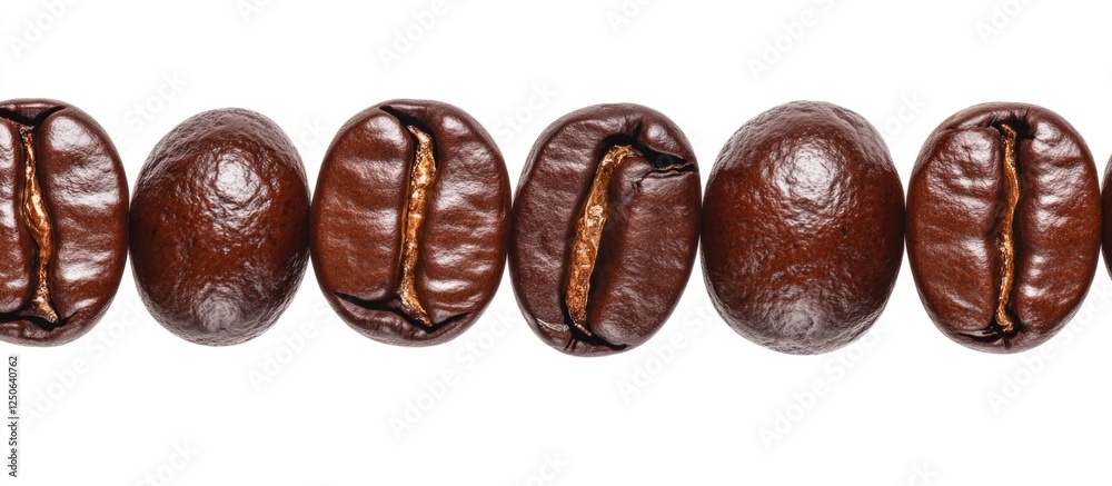 Poster Roasted coffee beans arranged in a row on a white background showcasing rich textures and color variations