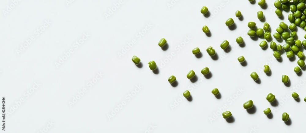 Poster scattered green mung beans creating a natural texture on a minimalist white background ideal for hea