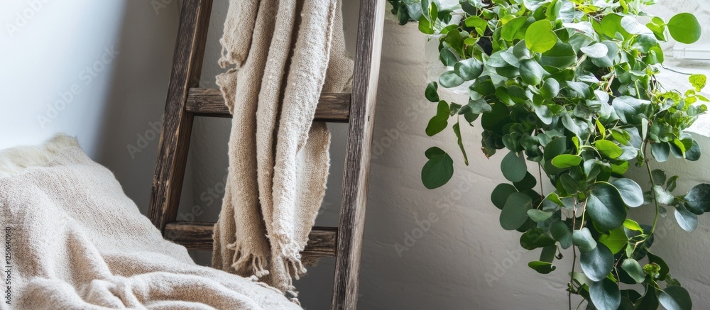 Aufkleber Cozy Indoor Plant Garden with Rustic Ladder and Soft Blankets Creating a Warm and Inviting Atmosphere for Text Space