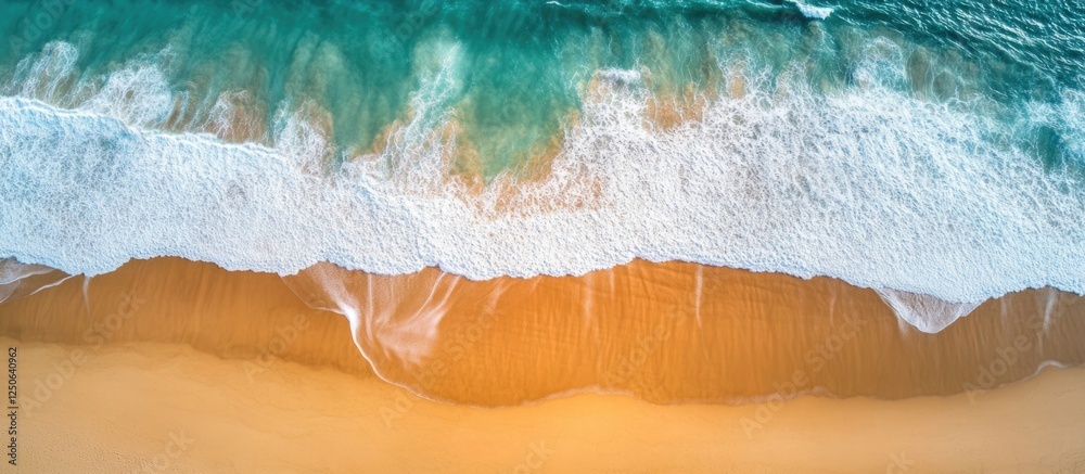 Poster Aerial view of sandy beach with turquoise ocean waves creating a natural texture pattern in sunlight