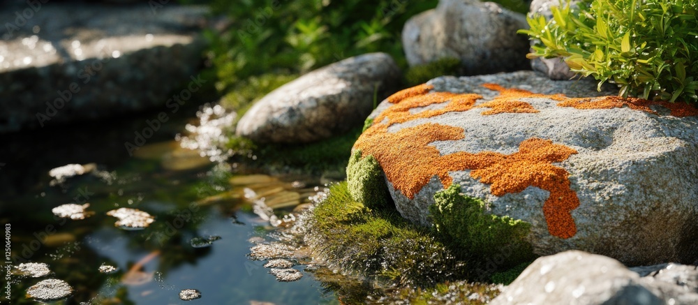 Aufkleber rugged stones adorned with vibrant lichen beside a tranquil stream in a serene natural setting.