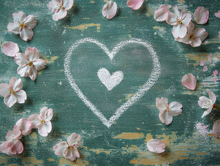 Fototapeta premium The Valentine Day Concept: A close-up of a classic green chalkboard with a soft white heart and sakura petals, evoking a serene, handmade, and romantic Valentine’s Day atmosphere