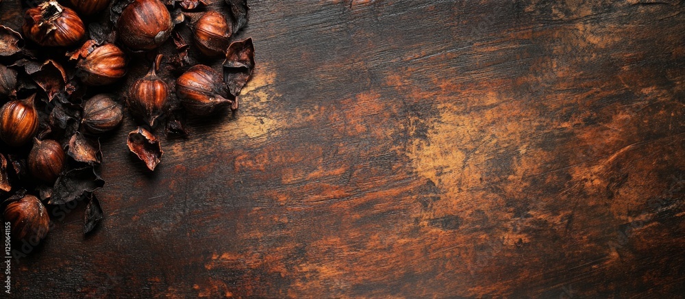 Aufkleber Roasted Chestnuts Spread on Rustic Wooden Surface with Blank Area for Custom Text Display