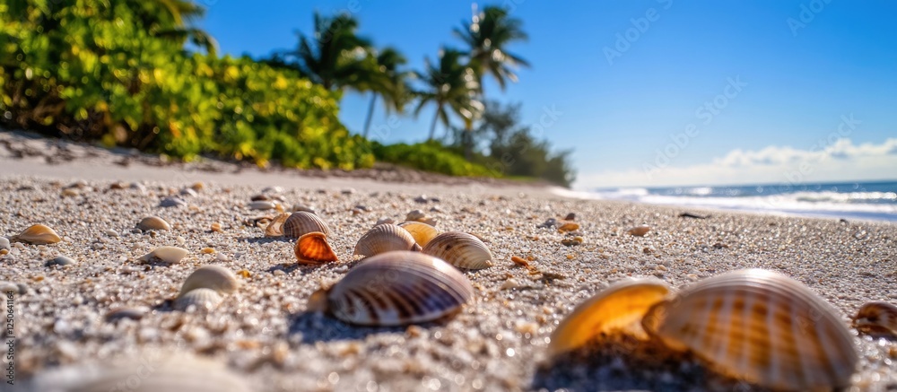 Poster serene beach scene with seashells on sandy shore surrounded by tropical greenery and palm trees unde