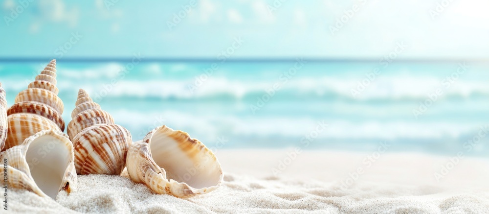 Poster Colorful sea shells scattered on pristine white sand with gentle ocean waves in the background creating a serene coastal scene