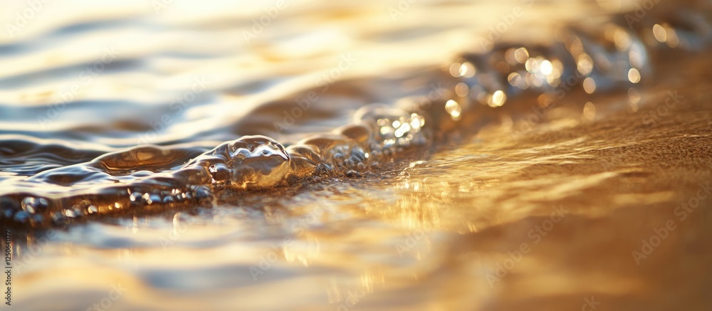 Poster Golden Sand Ripple Patterns with Soft Ocean Waves and Shimmering Light Reflections on Water Surface in a Serene Coastal Environment
