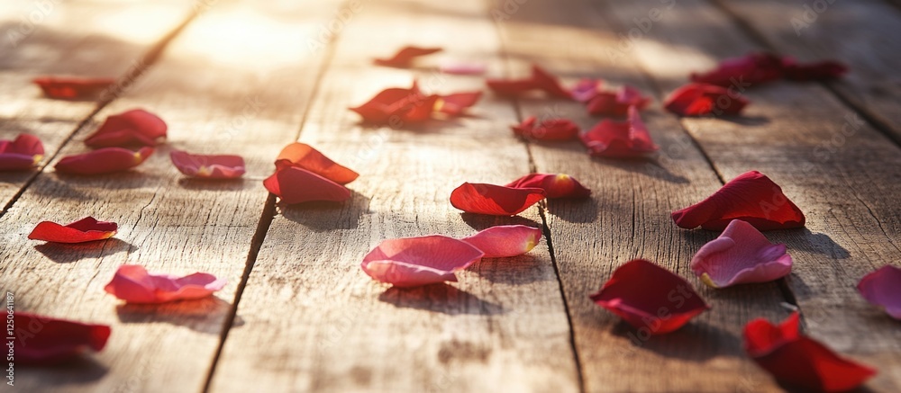 Poster scattered red rose petals on a sunlit wooden surface creating a romantic and warm atmosphere for var