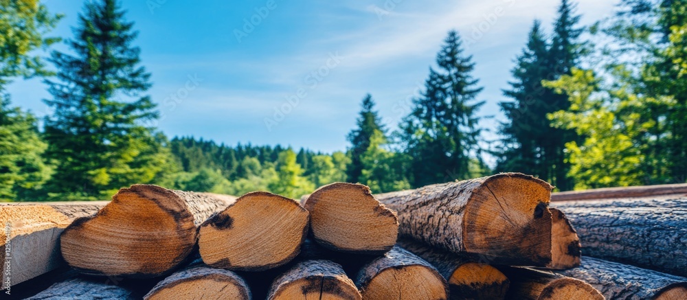 Aufkleber stacked sawn timber logs in a sunny forest setting with lush greenery and a clear blue sky creating 