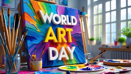 Celebrating World Art Day with colorful creative expression in an art studio filled with vibrant colors and artistic tools