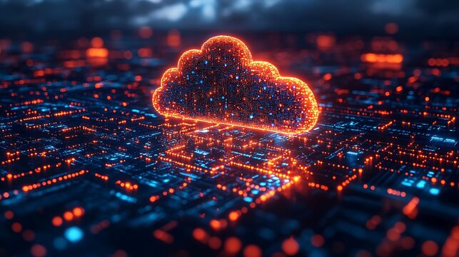 High tech cloud computing visualization with floating data nodes and cyber matrix