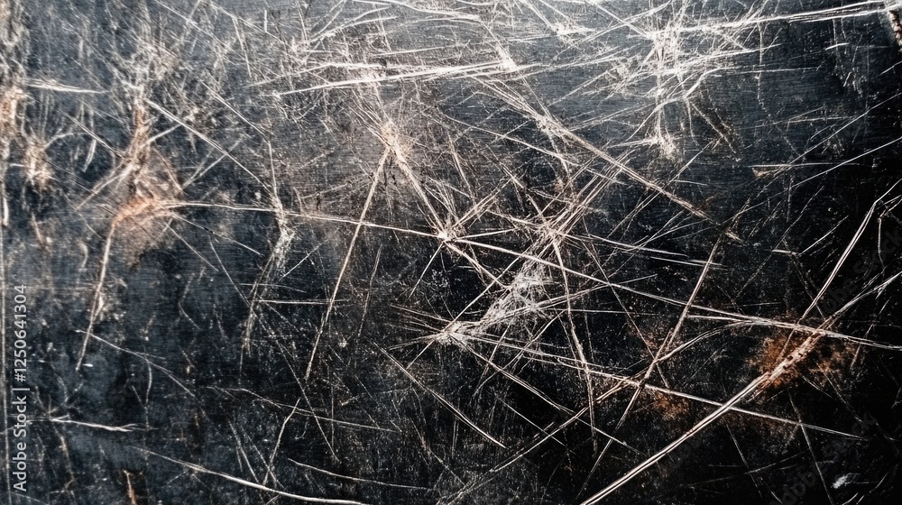 Poster Close-Up of Scratched and Rusty Black Metal Surface with Textured Patterns and Imperfections