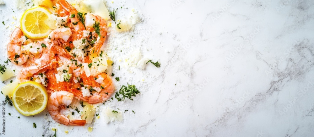 Poster Shrimp seafood carpaccio with lemon and parmesan on white marble background featuring blank space for text and design elements