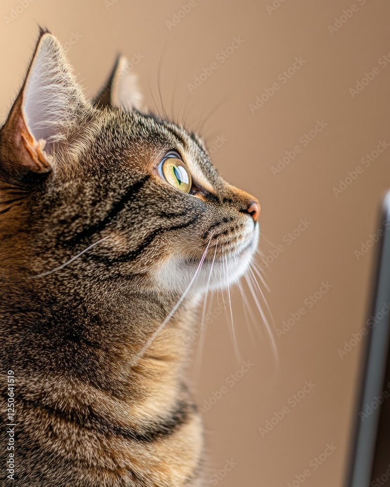 Poster contemporary pet-friendly office design tabby cat observing screen on sleek desk - enhancing remote 