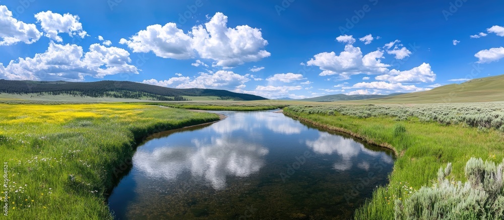 Poster serene river reflection under a blue sky surrounded by vibrant green meadows and fluffy clouds in a 