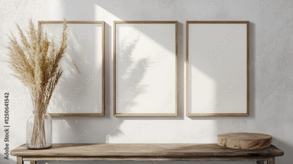 Poster scandinavian style interior vertical frame mockup with sunlight and shadow on neutral grey wall and 