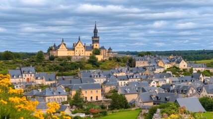 Obraz premium Scenic view of a castle overlooking a quaint village under a cloudy sky.