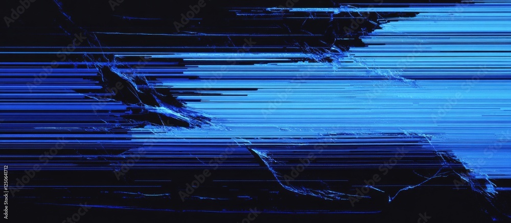 Aufkleber Abstract digital glitch art featuring blue static noise and horizontal lines representing screen error or signal disruption.
