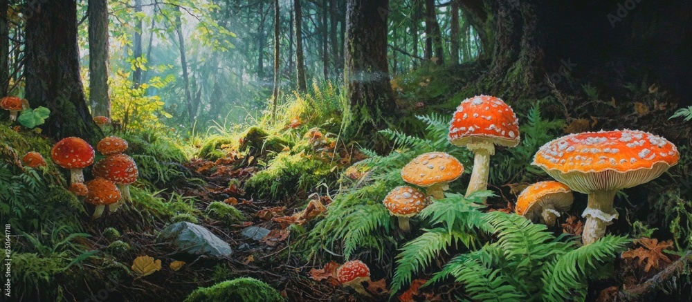 Poster enchanting forest landscape featuring vibrant mushrooms amidst lush ferns and dappled sunlight filte