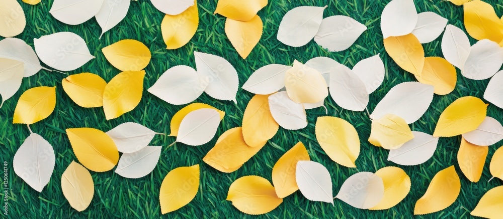 Poster vibrant yellow and white autumn leaves scattered on lush green grass creating a colorful natural bac