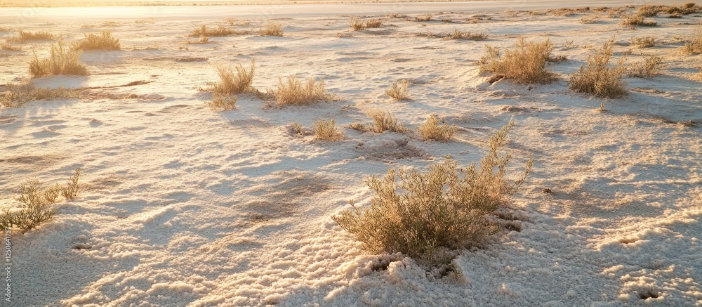 Poster dry salt lake landscape with sandy shore and sparse vegetation illuminated by sunset light. natural 