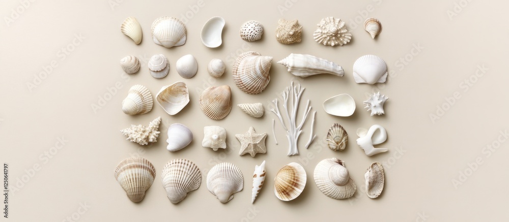 Poster assorted sea shells arranged on a soft beige background showcasing their textures and natural beauty