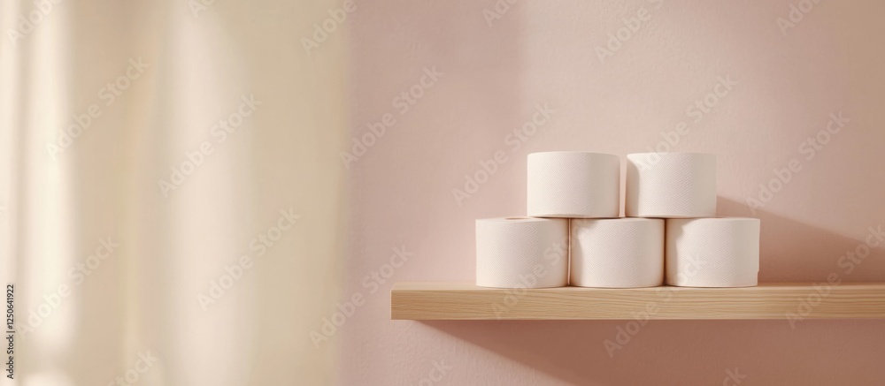 Poster stacked rolls of toilet paper on a wooden shelf against a soft pink background in a minimalist bathr