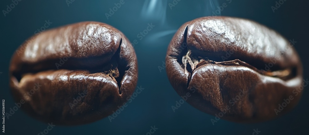 Poster close-up of roasted coffee beans with smoke against a dark background highlighting texture and rich 