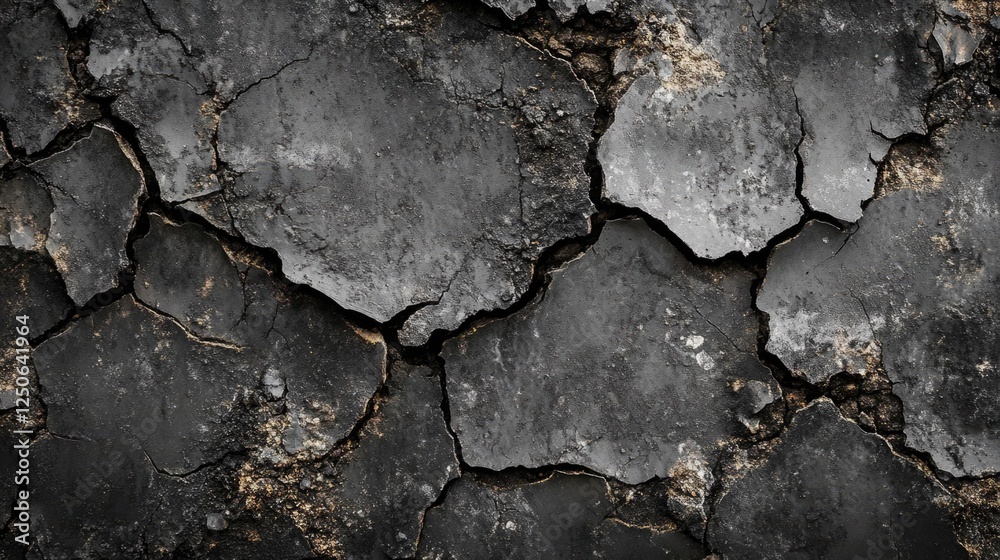 Poster Cracked Earth Texture in Black and White with Scarred Surface and Uneven Fissures for Background or Overlay Design Use